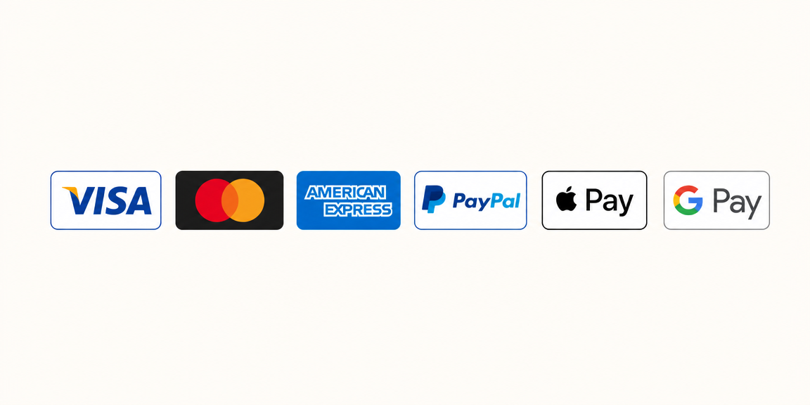 Modes de paiement acceptés : Visa, Mastercard, American Express, PayPal, Apple Pay, Google Pay
